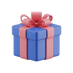 A festive blue gift box with a pink ribbon and bow on a white background