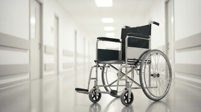 Empty Wheelchair in Sterile Hospital Hallway, Low-Angle Forward View with Soft Blur and Side Lighting