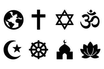 Silhouette icons of major world religions on white background