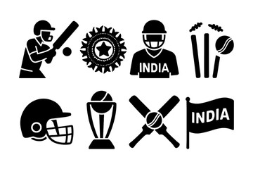 Cricket icons featuring players, trophies, and national symbols in bold silhouette style