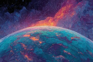 This vibrant digital painting showcases a colorful and abstract planet floating in space, creating a futuristic and artistic atmosphere.