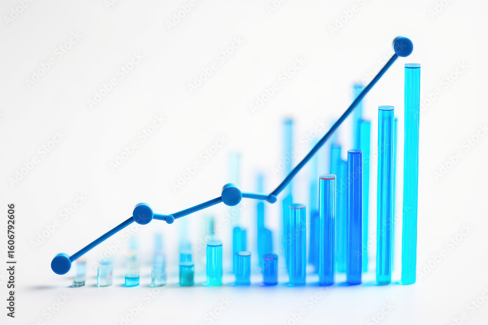 Aufkleber a blue line graph with circular nodes showing an upward trend over blue bar chart elements