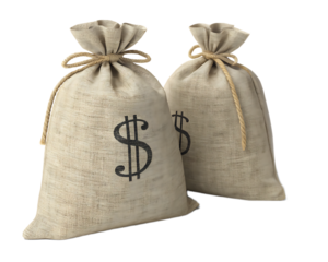 Two burlap sacks filled with money and tied at the top with dollar signs printed on the front