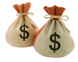 Two money bags with dollar signs and orange tops tied with string on a black background studio shot