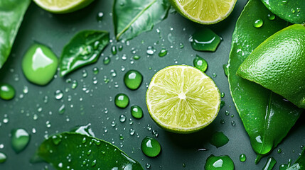 Eco-product packaging detail with lime wedges and water droplets, creating a fresh, summer skincare vibe