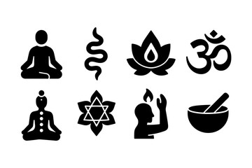 Minimalist yoga symbols collection: meditation, chakra, lotus, om, and spiritual icons