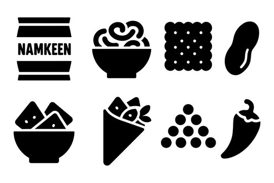 Black silhouette icons of popular namkeen snacks and ingredients collection