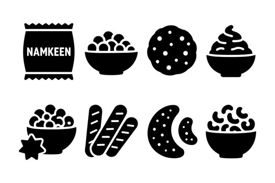 Silhouette snack icons: namkeen, sweets, and savories in bold black style
