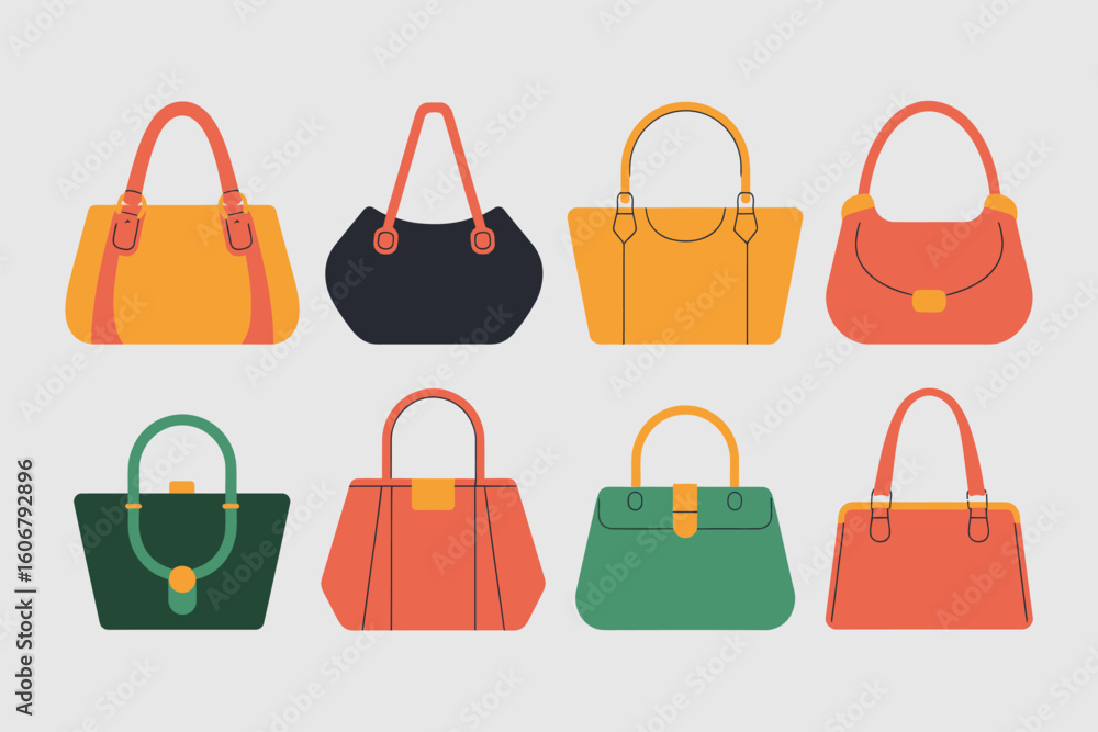 Poster a set of eight colorful handbags arranged in two rows on a white background in a simple vector style