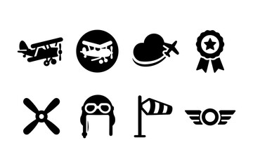Vintage aviation icons and symbols set in silhouette style
