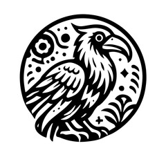Bold black and white bird illustration in circle frame. Symbolic raven/crow vector for logo design.