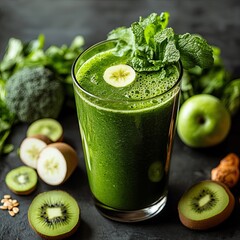 Healthy eating, lifestyle, veganism, alkaline diet, vegetarian concept. Green smoothie from organic ingredients, vegetables