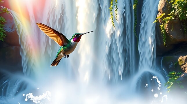 Vibrant hummingbird in flight near a lush waterfall with a rainbow aura silhouette - Powered by Adobe