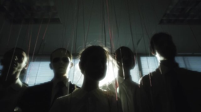 Mysterious performance by puppet masters in dark room reveals hidden secrets of manipulation