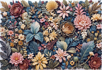 Fototapeta premium Colorful Arrangement of Decorative Flowers and Leaves in a Beautiful Composition.