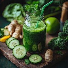Healthy eating, lifestyle, veganism, alkaline diet, vegetarian concept. Green smoothie from organic ingredients, vegetables
