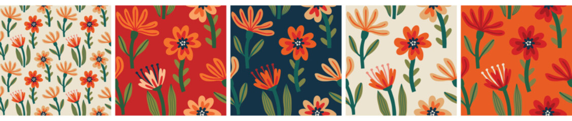 Floral seamless pattern set, trendy graphic digital papers with botanical elements, flowers, leaves for your design. Hand drawn collection. Vector illustration.