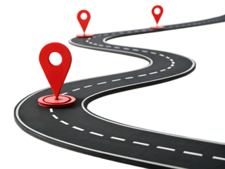 Winding road with white dashed lines and red map pointer icons on a black background illustration