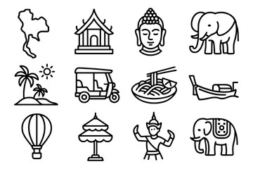 Thailand icon set: culture, nature, and tradition in linear style