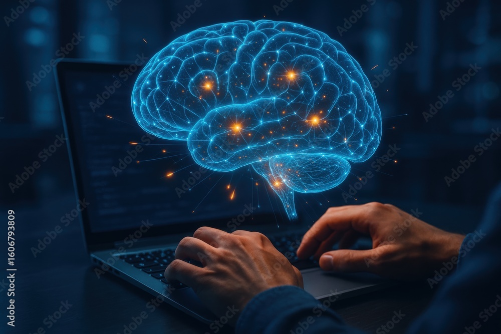 Aufkleber brain-computer interface: a digital rendering of the human brain overlays a laptop, with hands typin