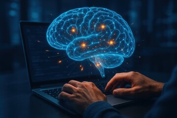 Brain-Computer Interface: A digital rendering of the human brain overlays a laptop, with hands typing, symbolizing the intersection of technology and cognition, innovation and potential.