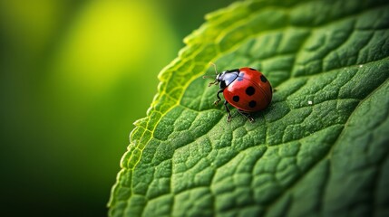 Fototapeta premium Macro close-up of a vibrant red ladybug resting on a fresh green leaf in natural sunlight with soft background and shallow depth of field