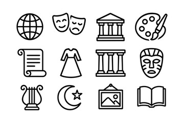 Linear art icons: culture, history, and creativity symbols collection