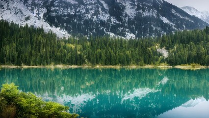 Mountain peaks reflected in a serene lake in Yosemite National Park, with a forest and a summer sky