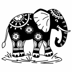 Decorative Elephant Vector &ndash; Intricate Black & White Ornamentation and Cultural Motifs