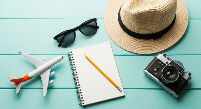Flat lay of travel items on light-blue wood: airplane, hat, sunglasses, notebook, pencil, camera. Symbolizes planning, adventure, summer vacation - Powered by Adobe