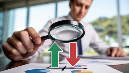 Business analyst meticulously examines financial charts and data with a magnifying glass, tracking growth and decline.