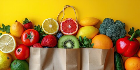 Healthy vegan vegetarian food in paper bag vegetables and fruits on color background, copy space.