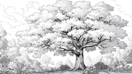 Detailed, monochromatic illustration of a large tree with clouds in the sky behind it
