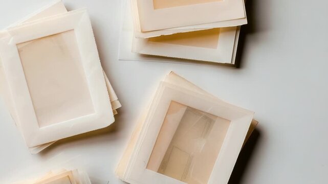 A simple white table set with four empty picture frames, great for showcasing art or displaying decorative items