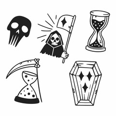 Mystic Skull Elements Vector Set &ndash; Coffin, Candles, Cup, and Sunburst Emblems in Black & White