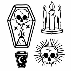 Mystic Skull Elements Vector Set &ndash; Coffin, Candles, Cup, and Sunburst Emblems in Black & White