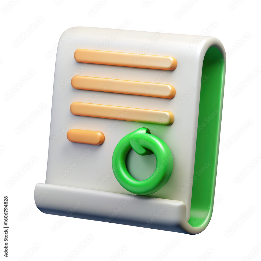 Poster 3d document icon with green recycle arrow representing renewal updates and file management processes