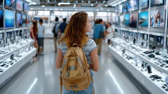 Shopping in Electronics Store: A young woman navigates an expansive electronics store, her eyes scanning the vast array of screens and devices, embodying the excitement of modern consumerism.