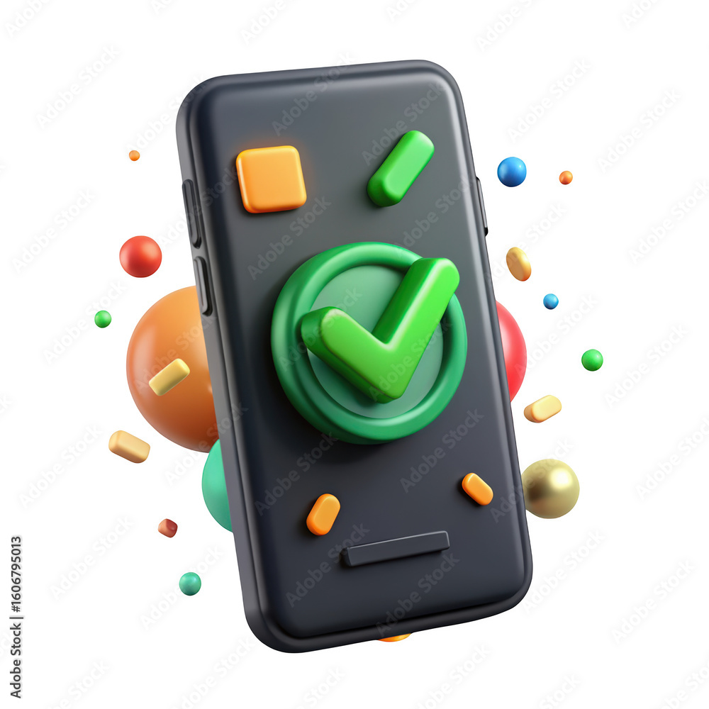 Poster 3d render of a smartphone with a green check mark surrounded by abstract spheres and shapes on backg
