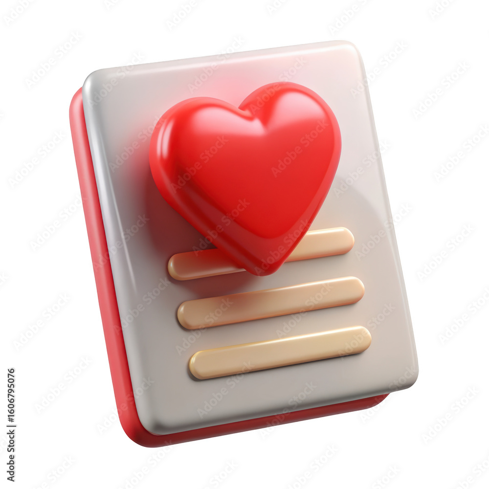 Poster 3d render of document with red heart for medical records and patient information interface