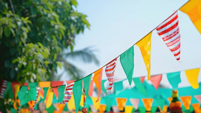 Flags hanging from a string in various colors and sizes, suitable for use in patriotic events or as decoration