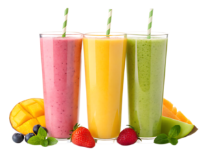 Three glasses of colorful smoothies with straws and fresh fruit on a black background studio shot