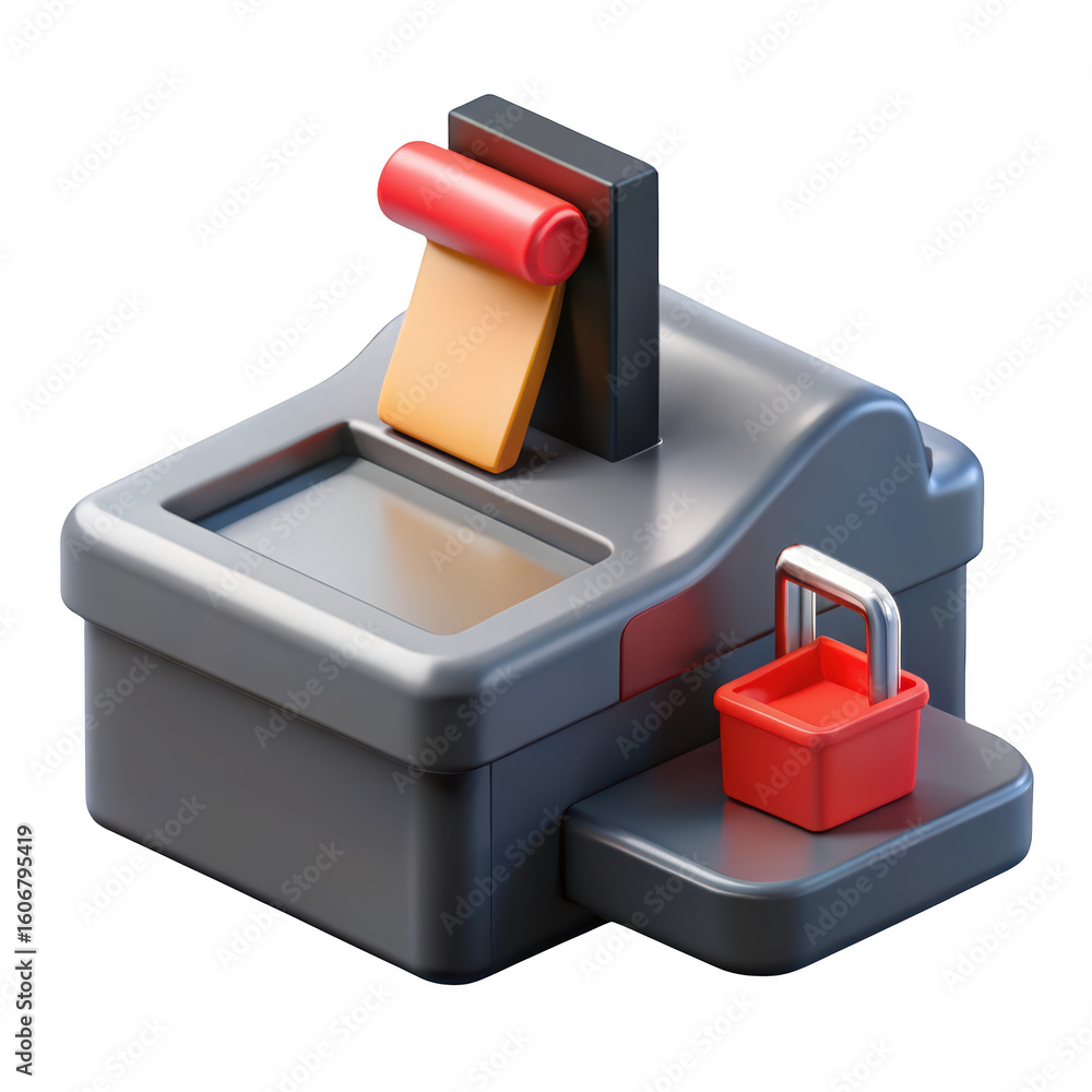 Poster 3d rendered cash register isolated on background with small shopping basket for transactions and rec