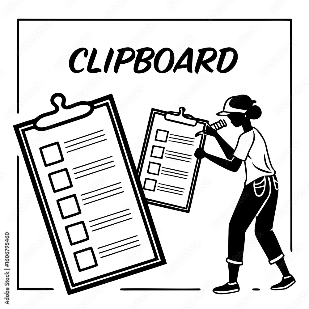 Poster a person wearing a cap holds a clipboard with a checklist, examining another clipboard with a list o