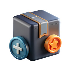 3d rendered illustration of package box with add button and star coin for gaming apps