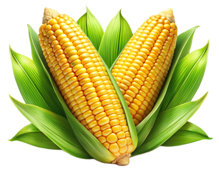 Two ears of corn with green husks arranged in a v shape against a black background in a close up shot