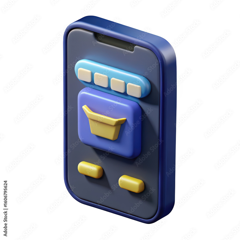 Poster 3d smartphone app interface with shopping cart and rounded buttons on a background