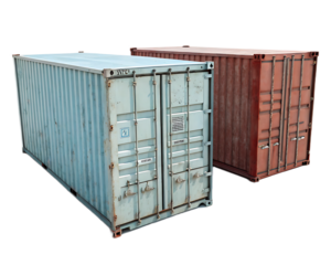 A close up view of two shipping containers one light blue and one red brown on a black background