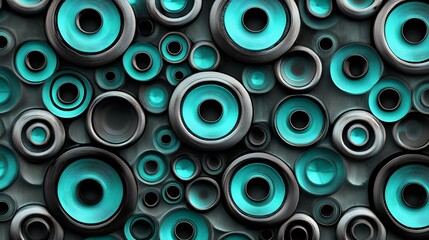 An abstract background of teal and gray circles arranged in a dense and overlapping pattern design