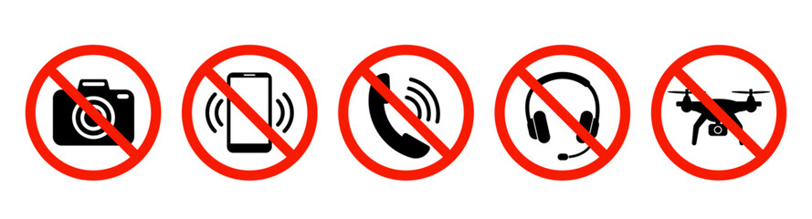 Prohibition signs set. Set of no music, sound. No photos. No drone zone. No fly zone.